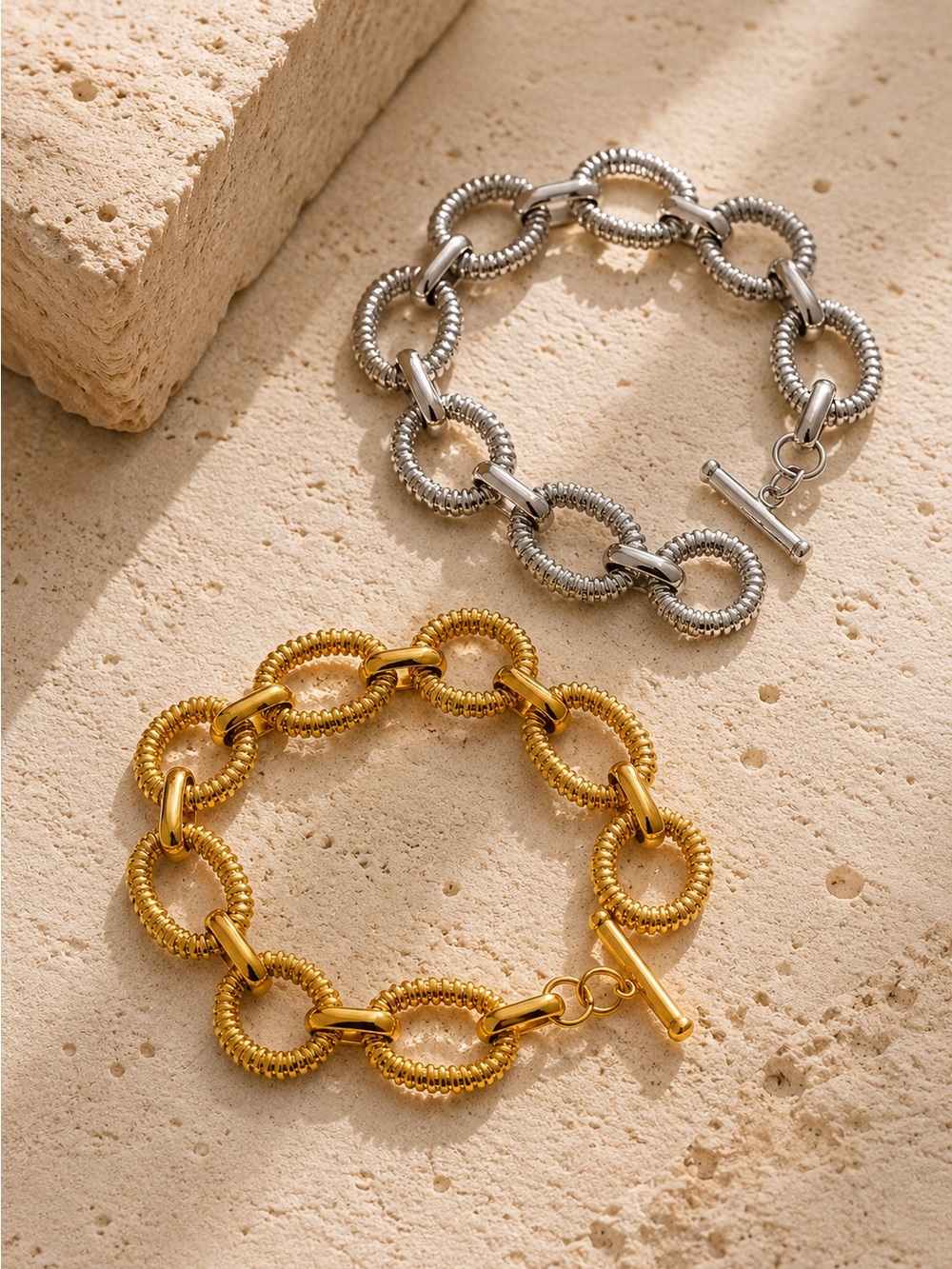 Textured Gold tone Link Toggle Bracelet - Picture 5 of 8